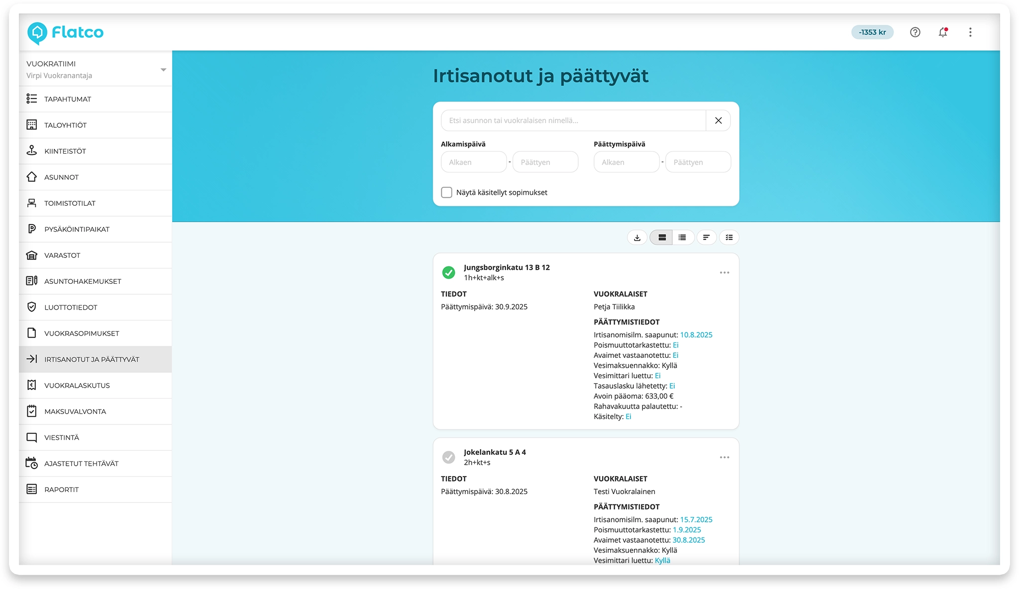 Irtisanotut ja päättyvät -sivu Flatcossa