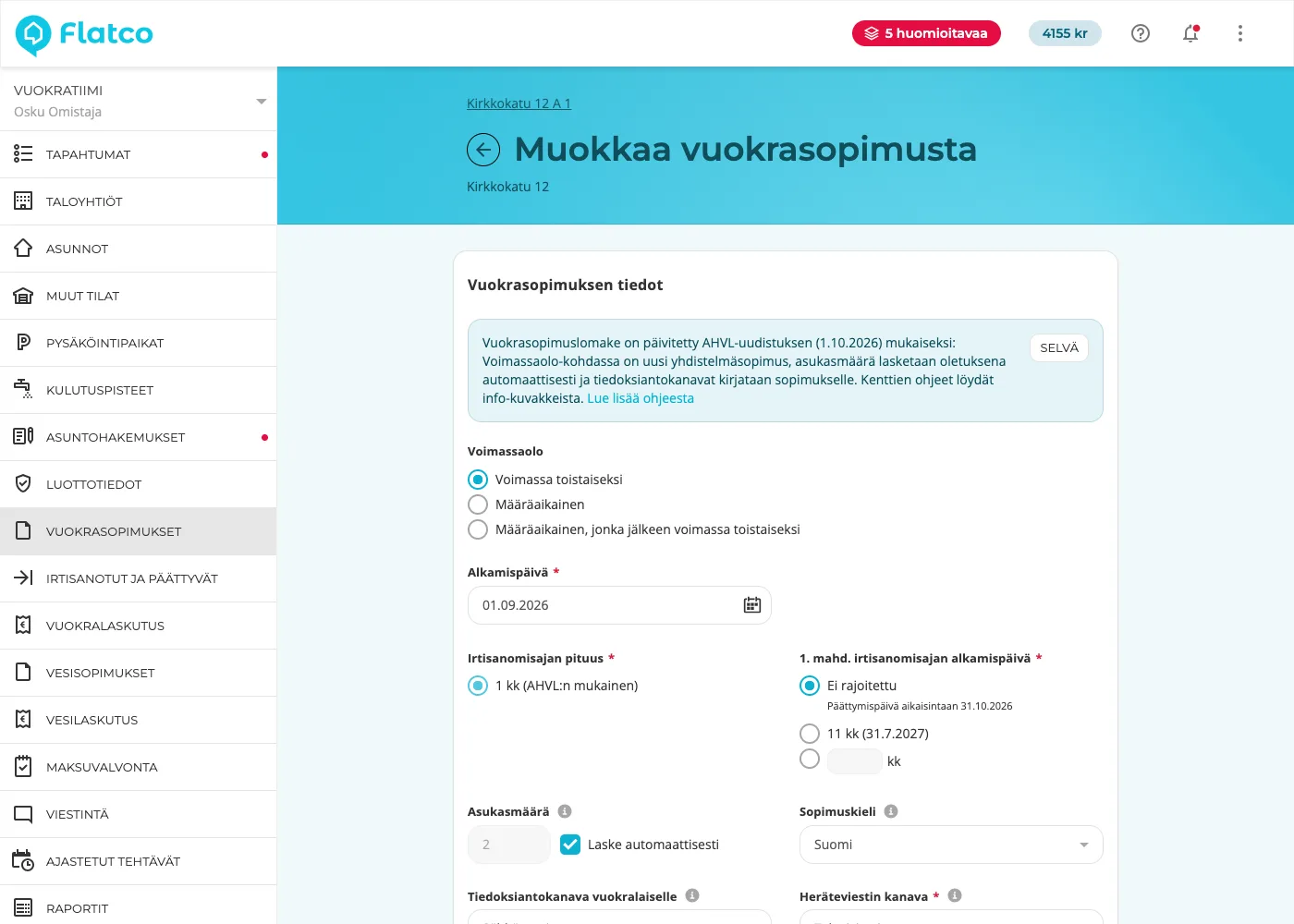 AHVL-uudistuksen mukainen vuokrasopimuslomake: uusi voimassaolovaihtoehto, automaattisesti laskettava asukasmäärä ja tiedoksiantokanavat
